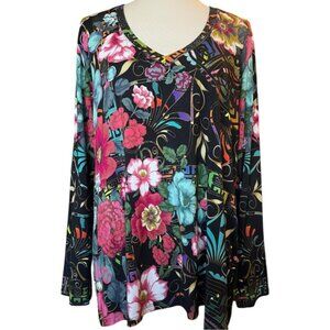 Johnny Was Peace Favorite Long Sleeve V-Neck Top size XL Black Floral Print